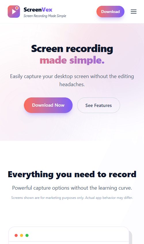 ScreenVex, a website built by Devs2Go, mobile view