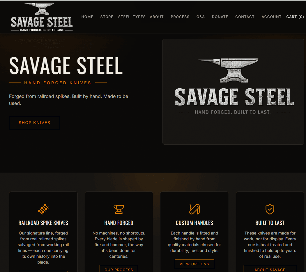 Savage Steel, a website built by Devs2Go — desktop view