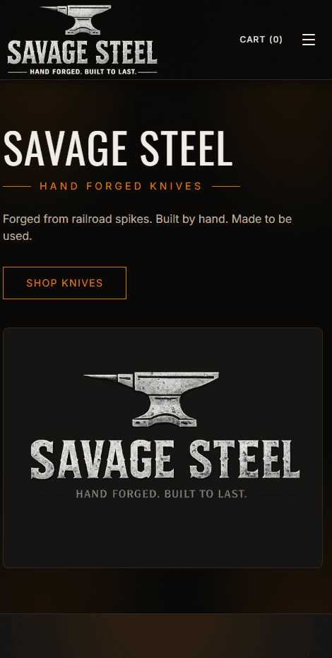Savage Steel, a website built by Devs2Go — mobile view