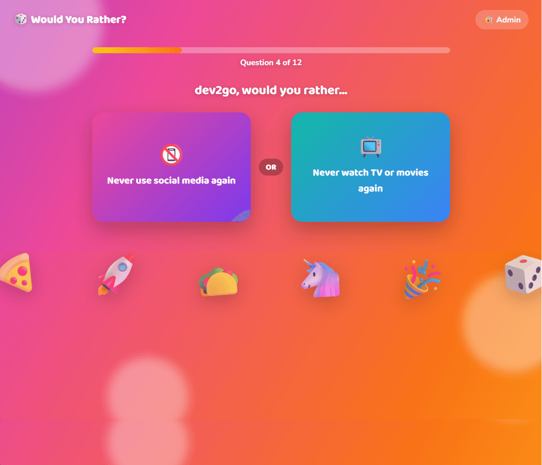 Would You Rather?, a website built by Devs2Go — desktop view
